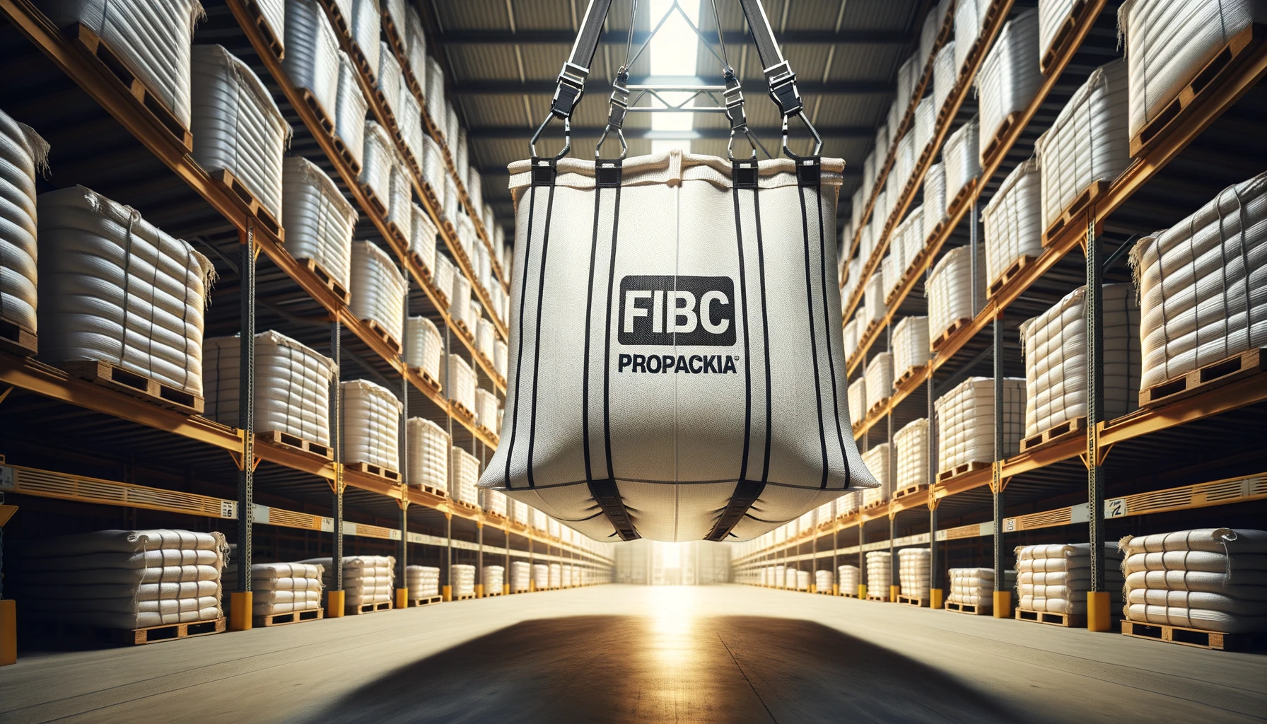 FIBC (Flexible Intermediate Bulk Container) bags made from woven polypropylene fabric, placed in a warehouse setting. 